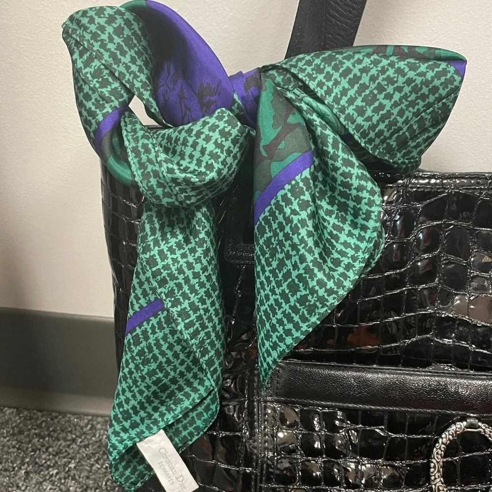 Christian Dior 100% Silk Scarf Green Purple Paisley Floral Square Vintage
